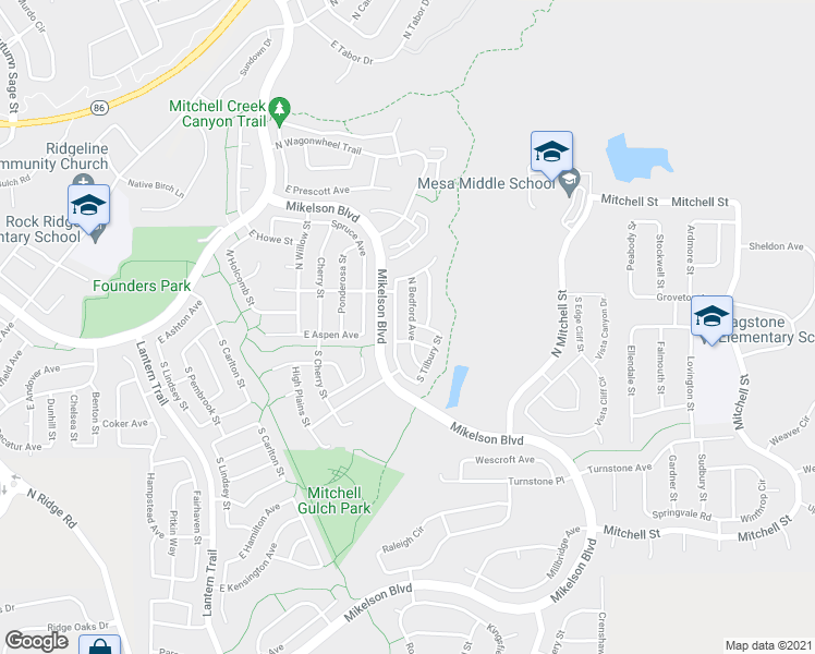 map of restaurants, bars, coffee shops, grocery stores, and more near 45 North Bedford Avenue in Castle Rock