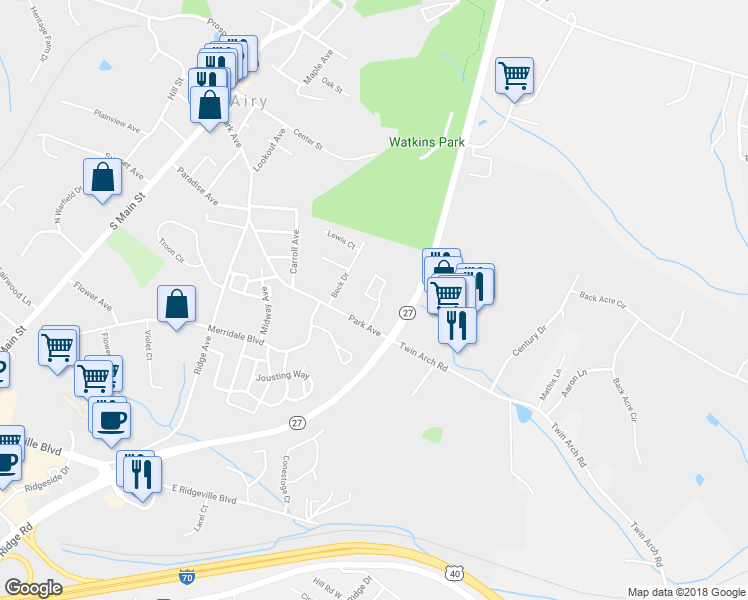 map of restaurants, bars, coffee shops, grocery stores, and more near 516 Windy Knoll Drive in Mount Airy