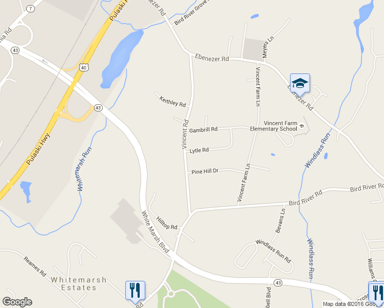 map of restaurants, bars, coffee shops, grocery stores, and more near 10409 Vincent Road in White Marsh