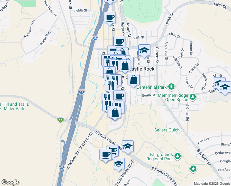 map of restaurants, bars, coffee shops, grocery stores, and more near 2 Phelps Street in Castle Rock