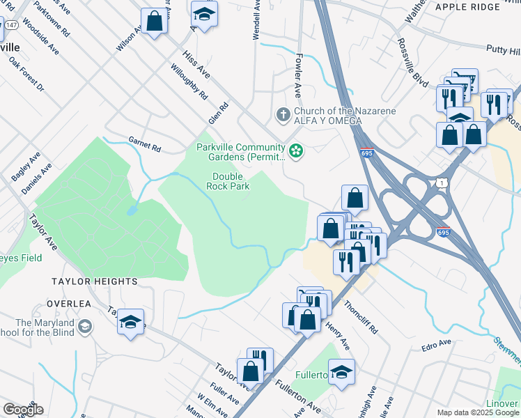 map of restaurants, bars, coffee shops, grocery stores, and more near 8211 Glen Road in Parkville