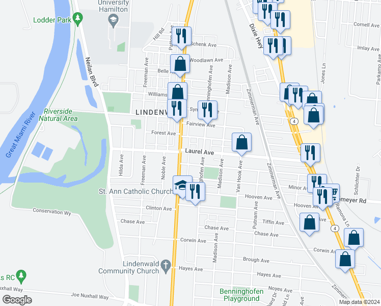 map of restaurants, bars, coffee shops, grocery stores, and more near 629 Laurel Avenue in Hamilton