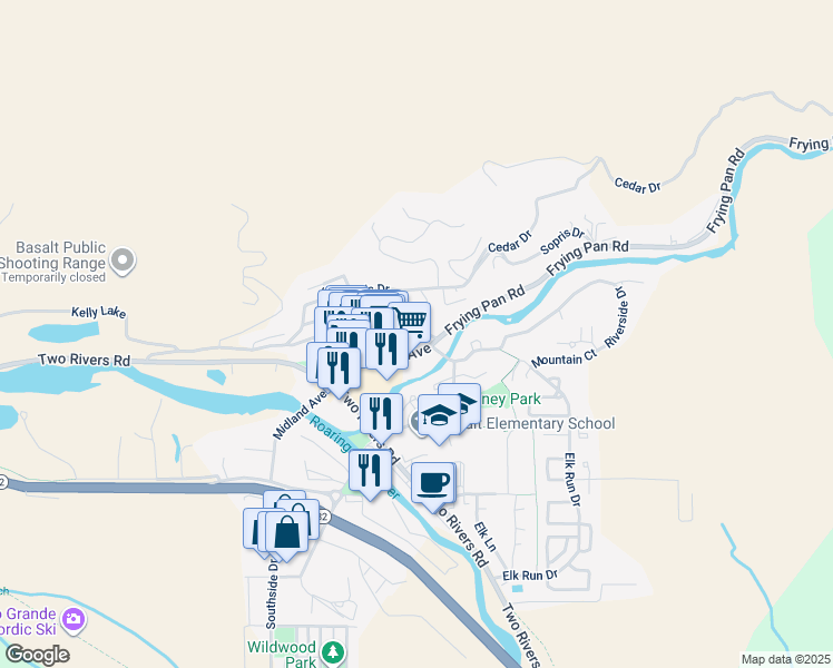 map of restaurants, bars, coffee shops, grocery stores, and more near 231 Midland Avenue in Basalt