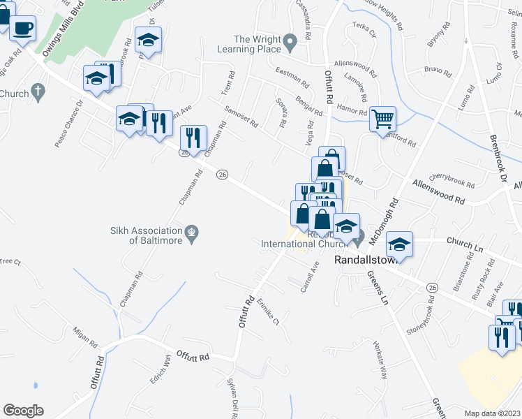 map of restaurants, bars, coffee shops, grocery stores, and more near 9127 Liberty Road in Randallstown