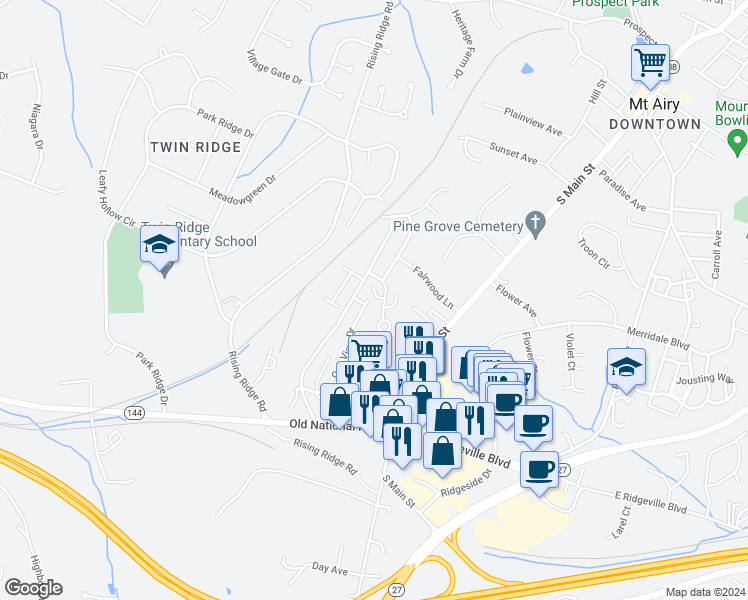 map of restaurants, bars, coffee shops, grocery stores, and more near 1001 Oak View Drive in Mount Airy