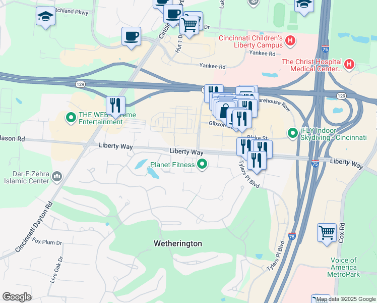 map of restaurants, bars, coffee shops, grocery stores, and more near 7441 LIberty Way in Wetherington