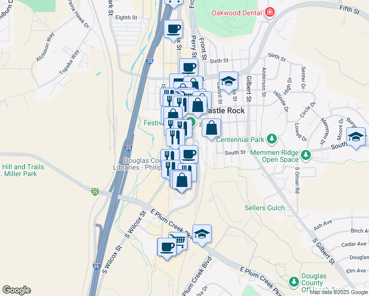 map of restaurants, bars, coffee shops, grocery stores, and more near 2 Phelps Street in Castle Rock