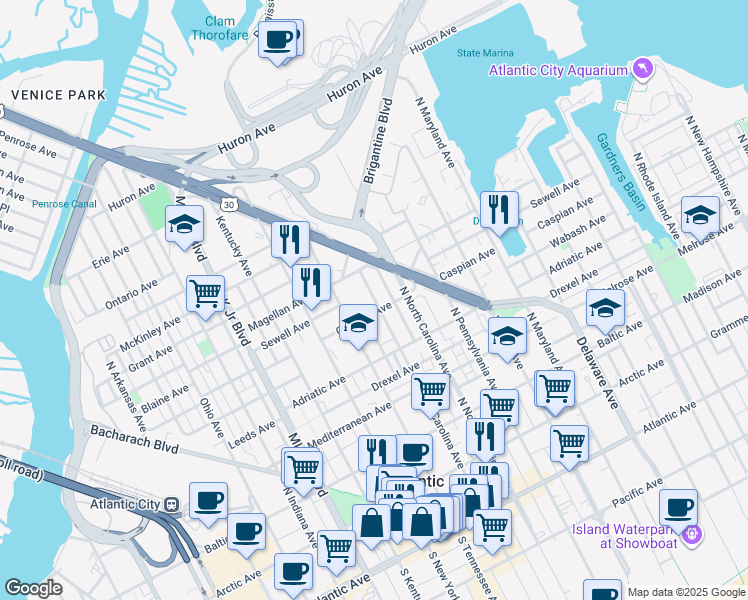map of restaurants, bars, coffee shops, grocery stores, and more near 410 North South Carolina Avenue in Atlantic City