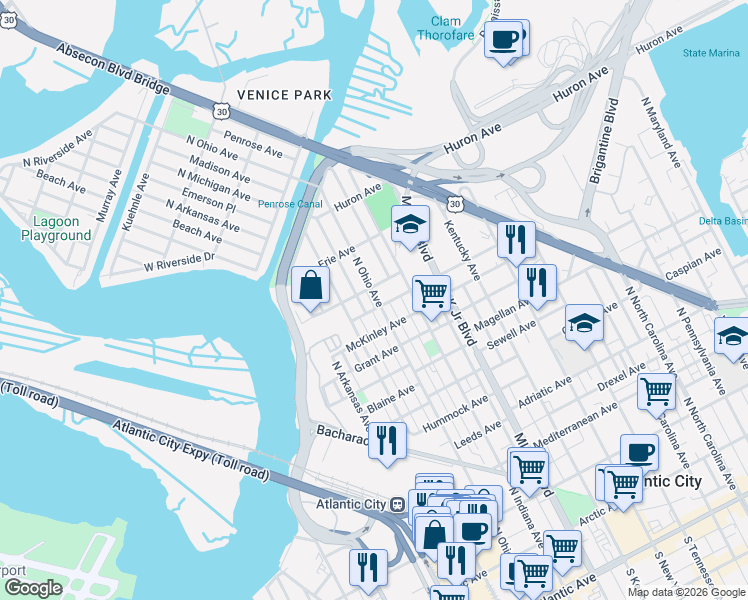 map of restaurants, bars, coffee shops, grocery stores, and more near 1019 North Michigan Avenue in Atlantic City