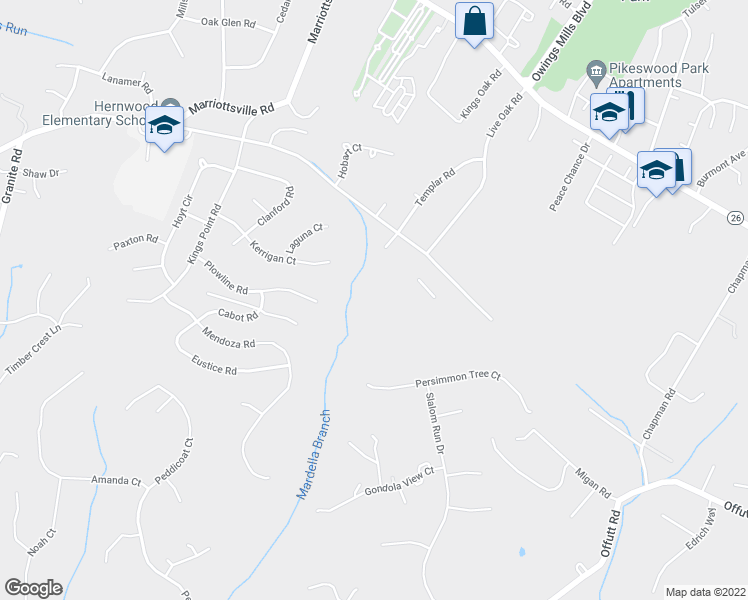 map of restaurants, bars, coffee shops, grocery stores, and more near 3507 Corn Stream Road in Randallstown