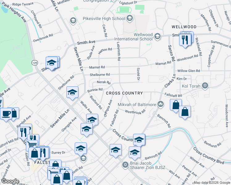 map of restaurants, bars, coffee shops, grocery stores, and more near 3309 Olympia Avenue in Baltimore