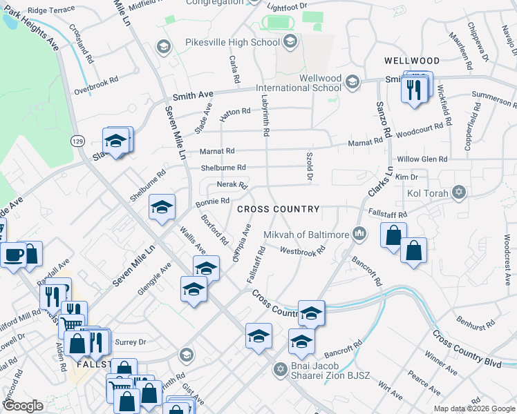 map of restaurants, bars, coffee shops, grocery stores, and more near 3309 Olympia Avenue in Baltimore