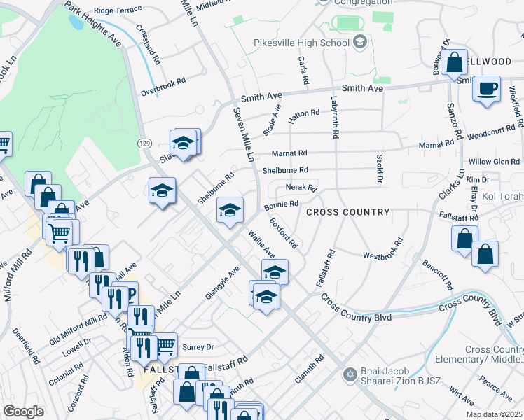 map of restaurants, bars, coffee shops, grocery stores, and more near 3402 Bonnie Road in Pikesville