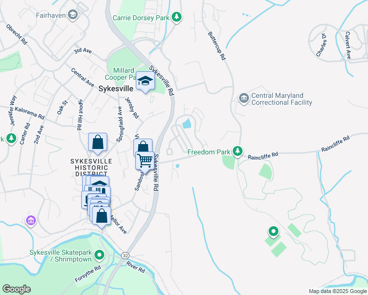 map of restaurants, bars, coffee shops, grocery stores, and more near 7600 Willow Bottom Road in Sykesville