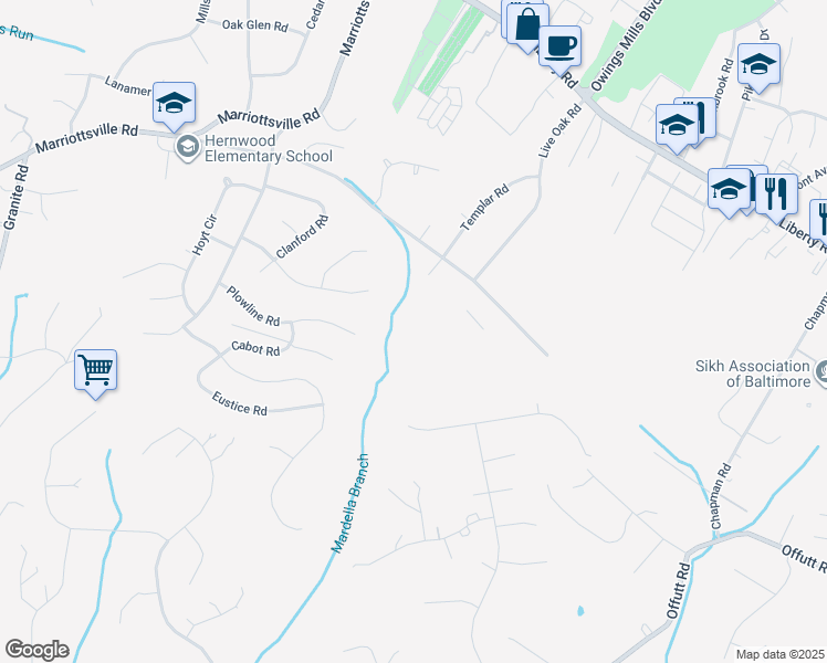 map of restaurants, bars, coffee shops, grocery stores, and more near 3503 Corn Stream Road in Randallstown