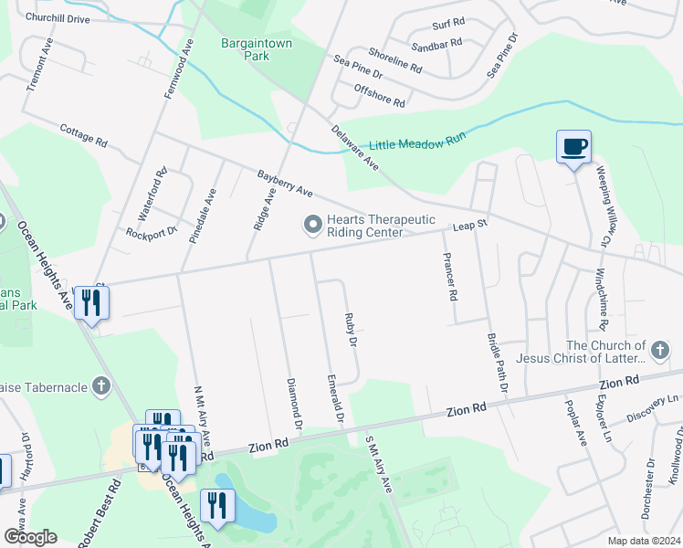 map of restaurants, bars, coffee shops, grocery stores, and more near 132 Ruby Drive in Egg Harbor Township