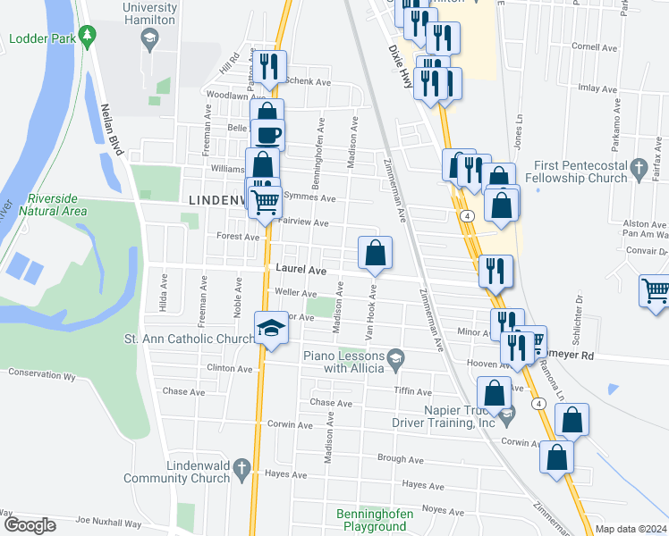 map of restaurants, bars, coffee shops, grocery stores, and more near 788 Laurel Avenue in Hamilton