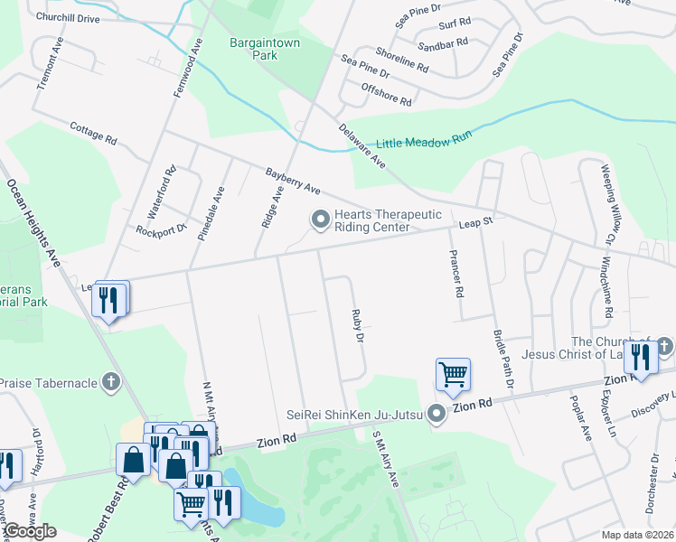 map of restaurants, bars, coffee shops, grocery stores, and more near 132 Ruby Drive in Egg Harbor Township
