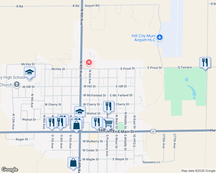 map of restaurants, bars, coffee shops, grocery stores, and more near 600 North Pomeroy Avenue in Hill City