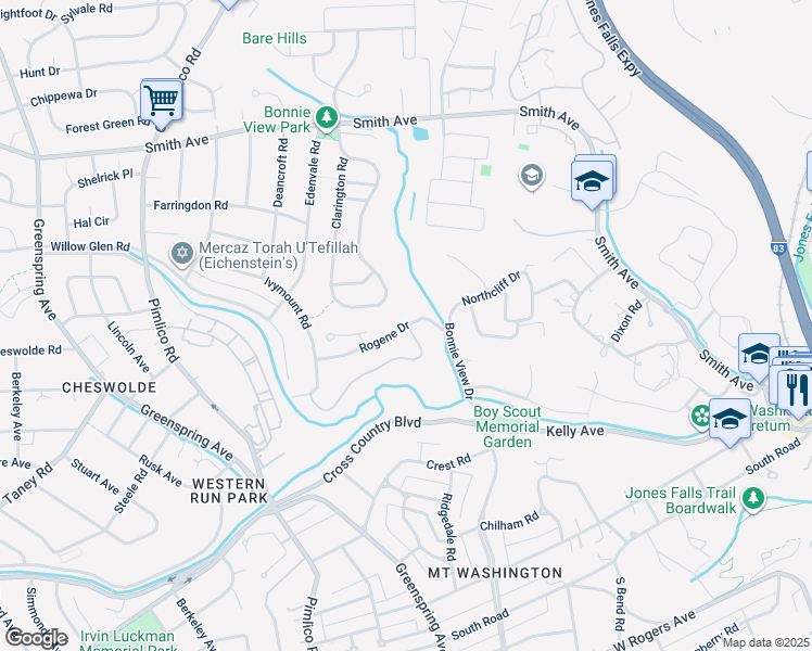 map of restaurants, bars, coffee shops, grocery stores, and more near 2253 Rogene Dr in Baltimore