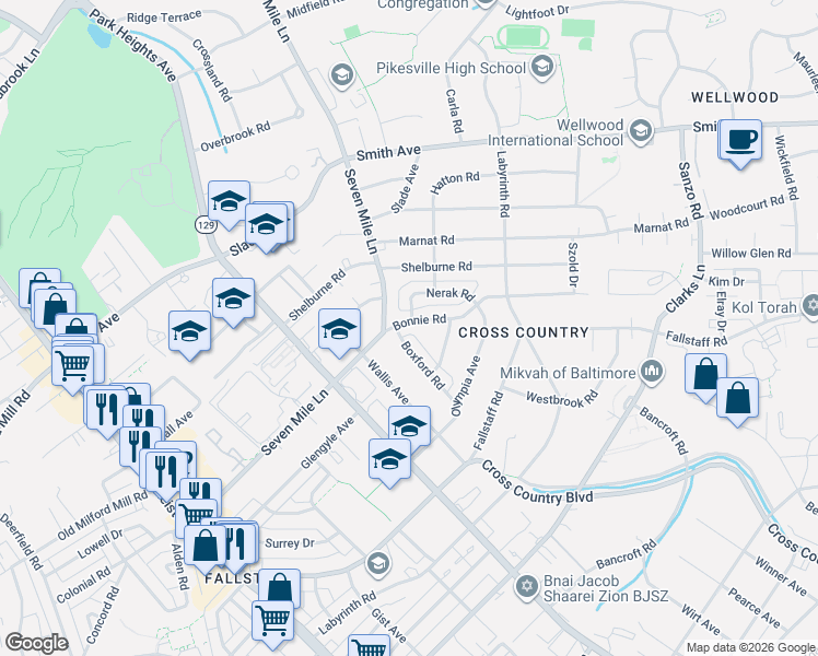 map of restaurants, bars, coffee shops, grocery stores, and more near 3313 Bonnie Road in Pikesville