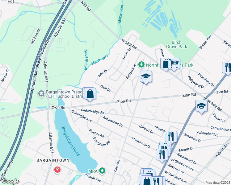 map of restaurants, bars, coffee shops, grocery stores, and more near 1100 Nugent Terrace in Northfield