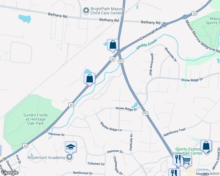 map of restaurants, bars, coffee shops, grocery stores, and more near 4043 Spyglass Hill in Mason