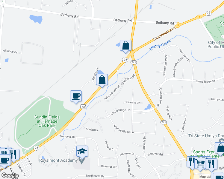 map of restaurants, bars, coffee shops, grocery stores, and more near 4150 Spanish Bay Drive in Mason