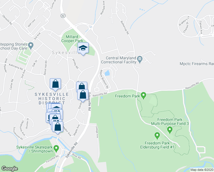 map of restaurants, bars, coffee shops, grocery stores, and more near 7426 Willow Bottom Road in Sykesville