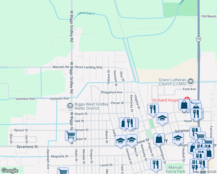 map of restaurants, bars, coffee shops, grocery stores, and more near 1810 Indiana Street in Gridley