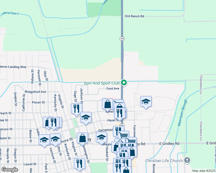map of restaurants, bars, coffee shops, grocery stores, and more near 180 Ford Avenue in Gridley