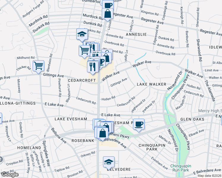 map of restaurants, bars, coffee shops, grocery stores, and more near 6307 Clearspring Road in Baltimore