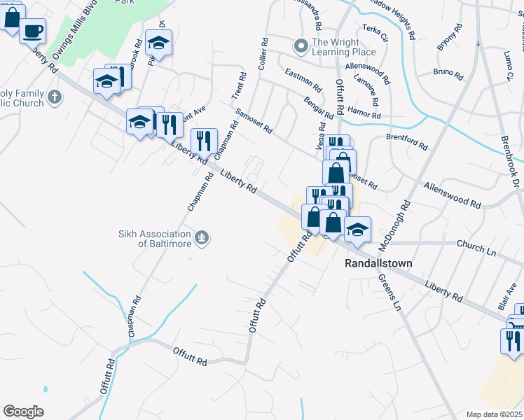 map of restaurants, bars, coffee shops, grocery stores, and more near in Randallstown