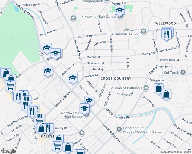 map of restaurants, bars, coffee shops, grocery stores, and more near 3303 Bonnie Road in Pikesville