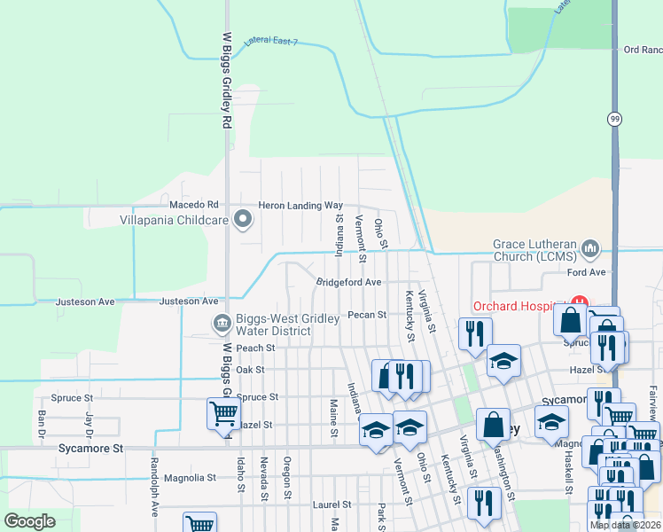 map of restaurants, bars, coffee shops, grocery stores, and more near 1810 Indiana Street in Gridley