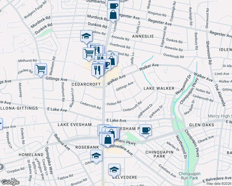 map of restaurants, bars, coffee shops, grocery stores, and more near 6307 Clearspring Road in Baltimore
