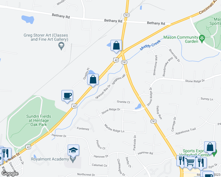 map of restaurants, bars, coffee shops, grocery stores, and more near 4115 Spyglass Hill in Mason