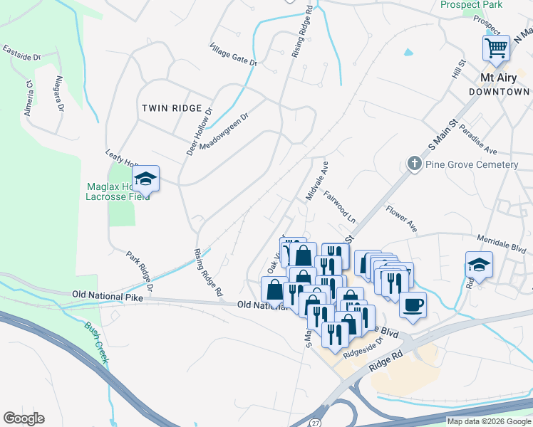 map of restaurants, bars, coffee shops, grocery stores, and more near 1114 Collindale Avenue in Mount Airy