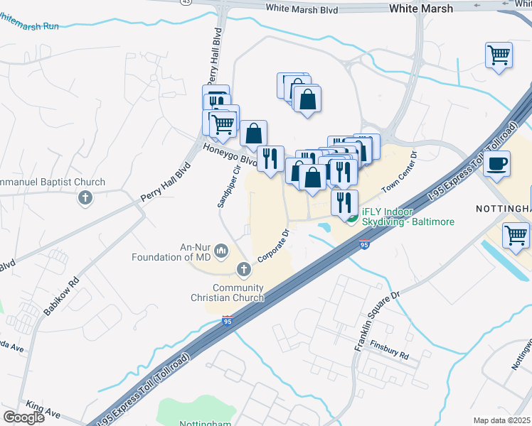 map of restaurants, bars, coffee shops, grocery stores, and more near 8140 Corporate Drive in Nottingham