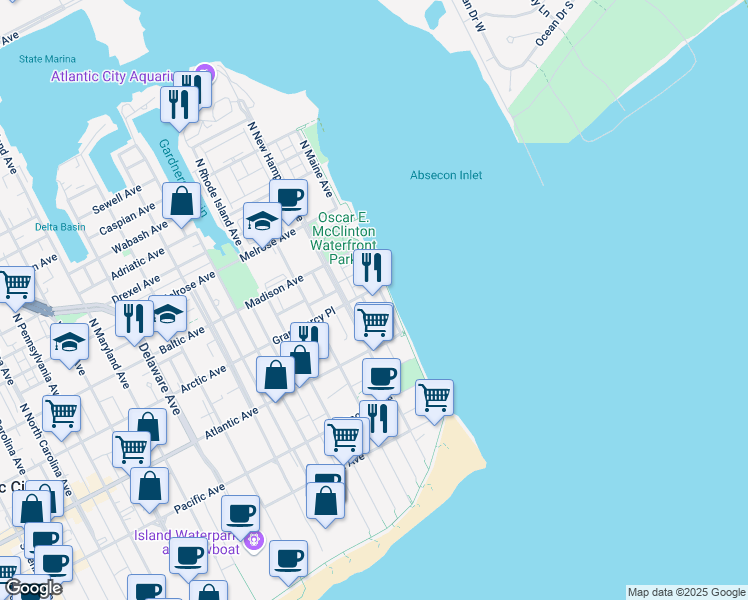 map of restaurants, bars, coffee shops, grocery stores, and more near 116 Sunrise Avenue in Atlantic City