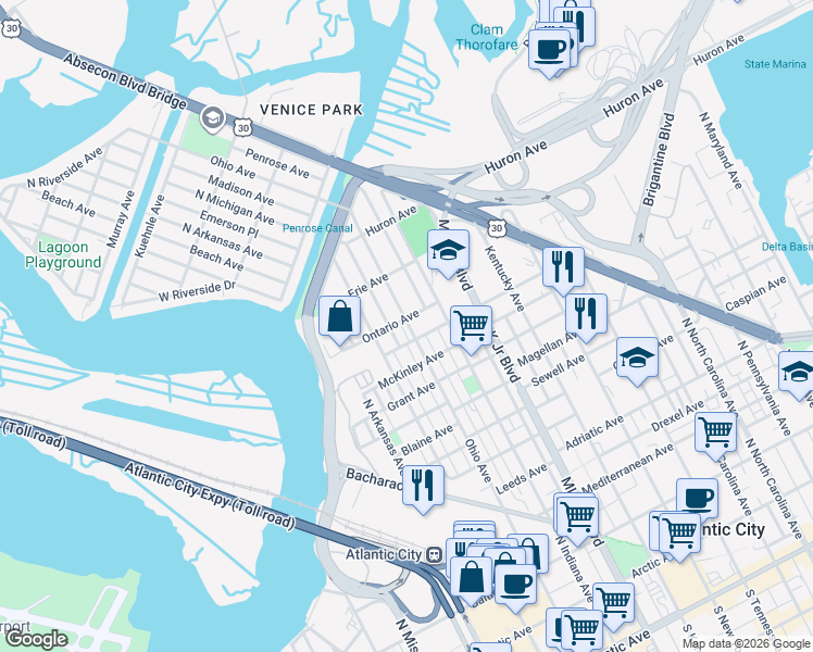 map of restaurants, bars, coffee shops, grocery stores, and more near 1128 North Ohio Avenue in Atlantic City