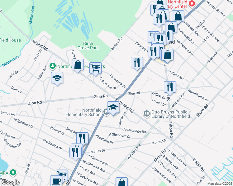 map of restaurants, bars, coffee shops, grocery stores, and more near 641 Hollywood Drive in Northfield