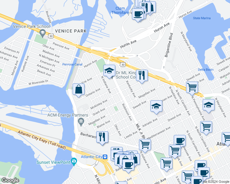 map of restaurants, bars, coffee shops, grocery stores, and more near 1721 McKinley Avenue in Atlantic City