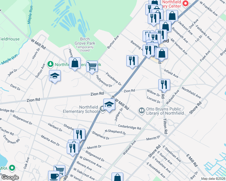 map of restaurants, bars, coffee shops, grocery stores, and more near 641 Hollywood Drive in Northfield