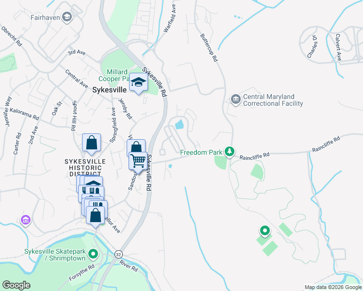 map of restaurants, bars, coffee shops, grocery stores, and more near 7573 Willow Bottom Road in Sykesville