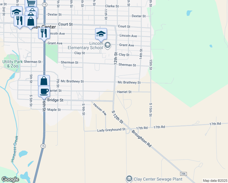 map of restaurants, bars, coffee shops, grocery stores, and more near 100 12th Street in Clay Center