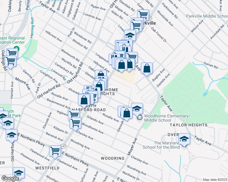 map of restaurants, bars, coffee shops, grocery stores, and more near 3099 Glendale Avenue in Baltimore