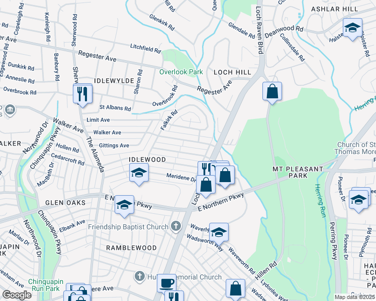 map of restaurants, bars, coffee shops, grocery stores, and more near 1416 Gittings Avenue in Baltimore
