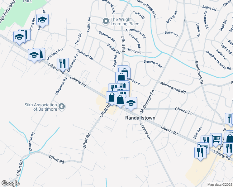map of restaurants, bars, coffee shops, grocery stores, and more near 3637 Offutt Road in Randallstown