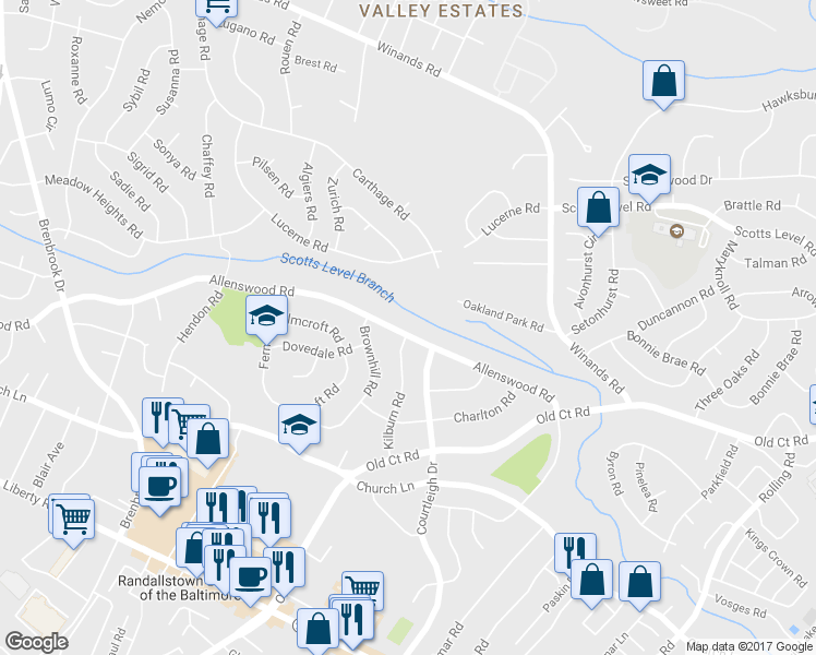 map of restaurants, bars, coffee shops, grocery stores, and more near 8508 Allenswood Road in Randallstown